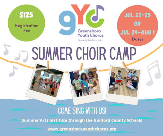 Summer Choir Camp information with photos from last year displayed as if Polaroids pinned to a clothesline