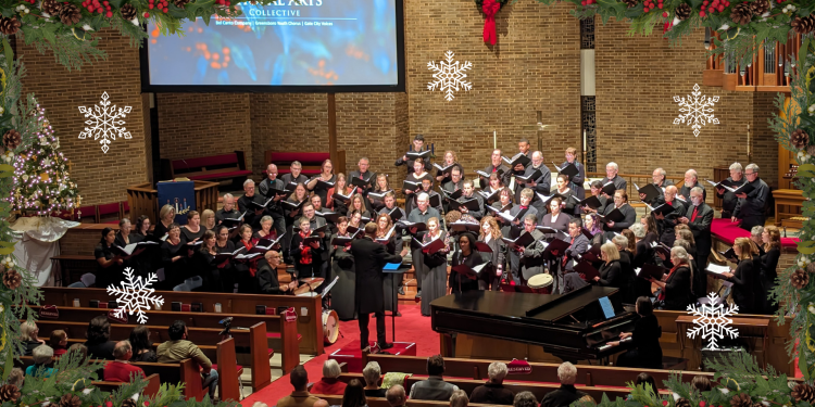 Bel Canto and Gate City Voices perform a holiday concert in 2023 at Christ United Methodist Church. Photo has a boarder of evergreen and holly and illustrated snowflakes in the foreground