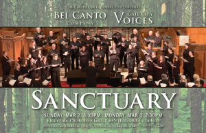 Sanctuary concert postcard with event dates and a photo of Bel Canto and Gate City Voices singing together at Christ United Methodist Church all set against a forest background