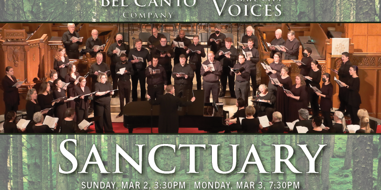 Sanctuary concert postcard with event dates and a photo of Bel Canto and Gate City Voices singing together at Christ United Methodist Church all set against a forest background