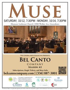 Ad graphic for Muse concert featuring photo of Welborn Young conducting Bel Canto Company at Ebenezer Lutheran Church and sponsor logos at the bottom