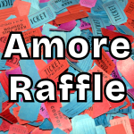 Photo of a pile of red and whit raffle tickets behind the text Amore Raffle